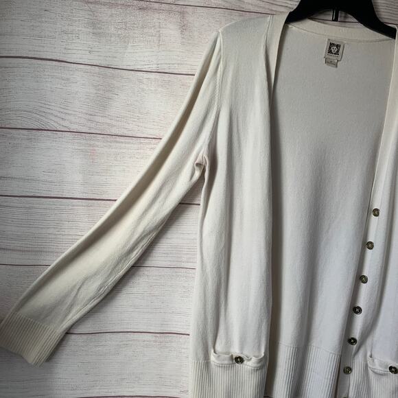 Anne Klein White Cardigan Sweater Gold Button Front Pockets Size Small - Picture 12 of 13